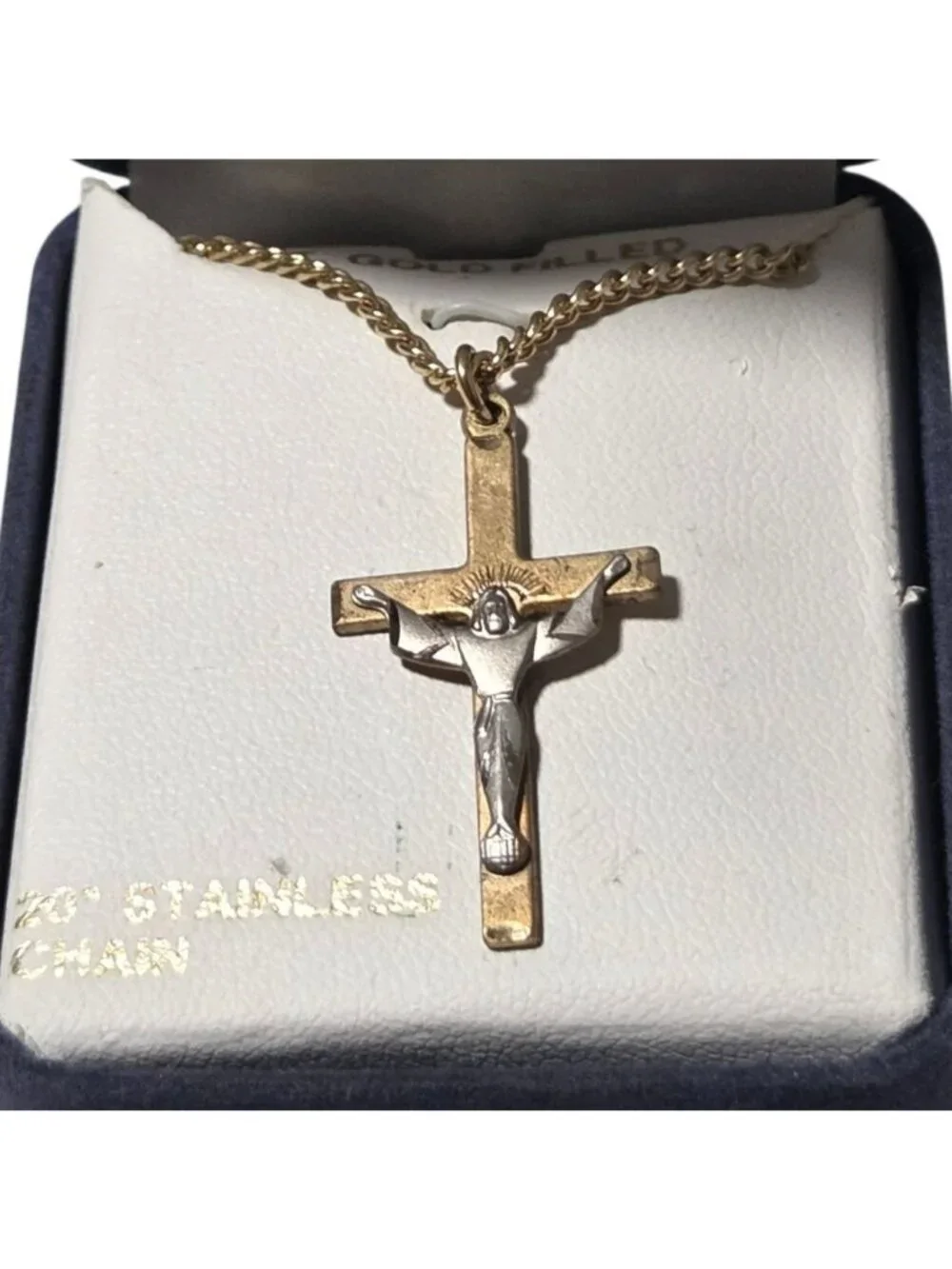 14K Gold Filled Crucifix Pendant Necklace 20 inch Stainless Chain Religious